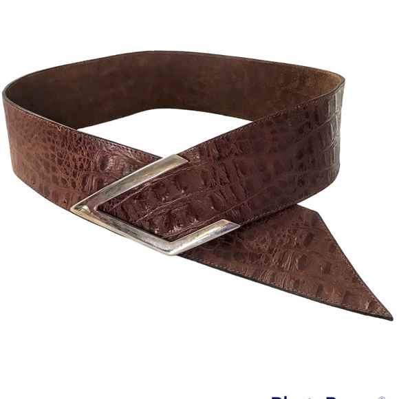 Accessories Leather Belt Asymmetrical Brown Croc Embossed Gold Buckle